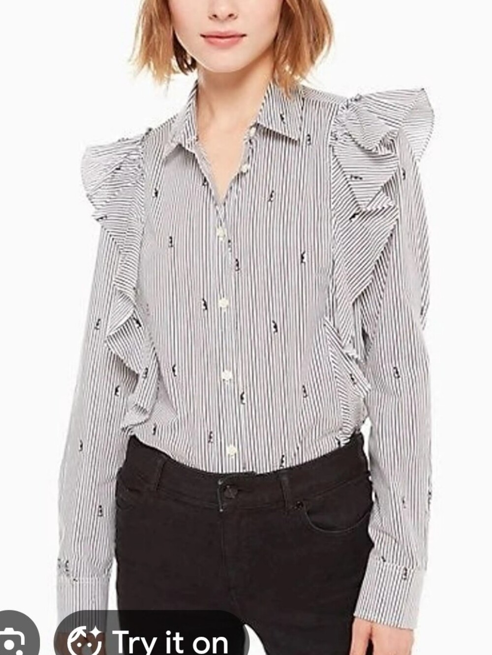 kate spade Black and White Striped Ruffle Button-Down Shirt/Size Large